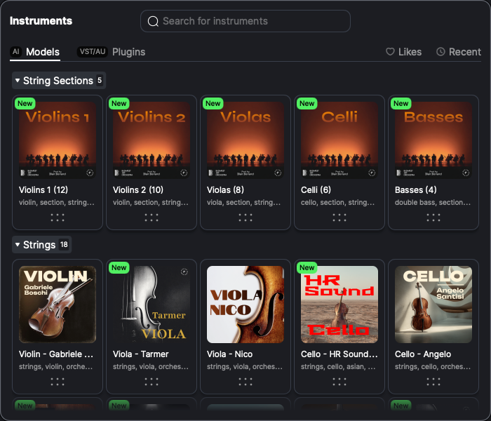 The AI Models tab of the Instrument Library, with instruments grouped by category.