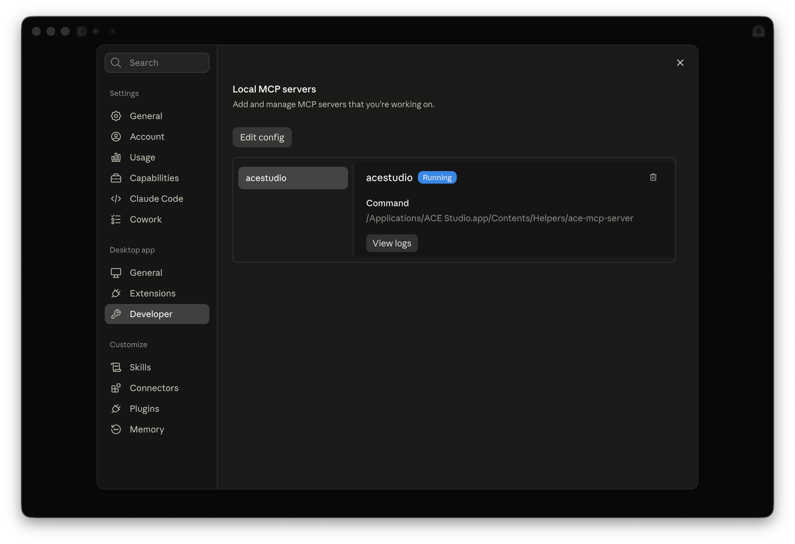 Local MCP Servers showing acestudio connected