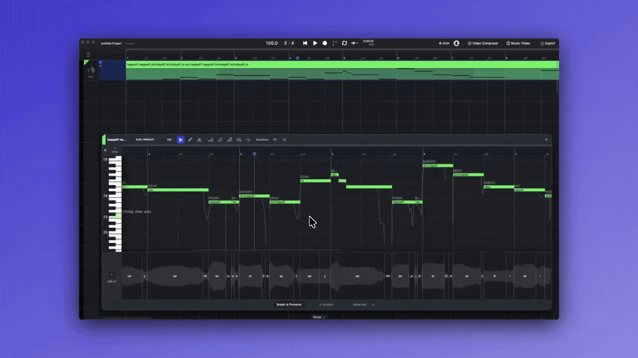 The Advanced parameters in ACE Studio expanded to show Air, Falsetto, Tension, and Energy, with the Air curve displayed.