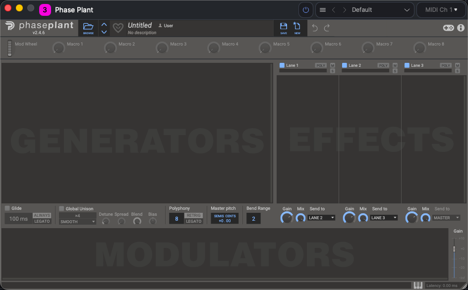 A third-party instrument plug-in open in its own window, with ACE Studio's header showing the power button, preset bar, and MIDI channel selector.