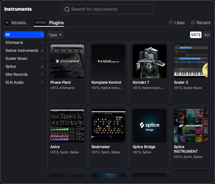 The Plugins tab of the Instrument Library, listing installed VST3 and AU instruments by vendor.