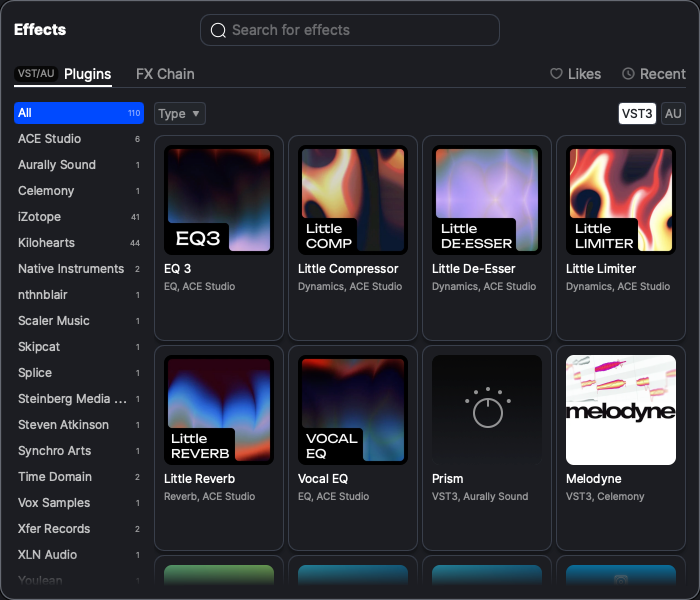 The FX Library opened from + Insert, listing built-in and third-party effects by vendor.