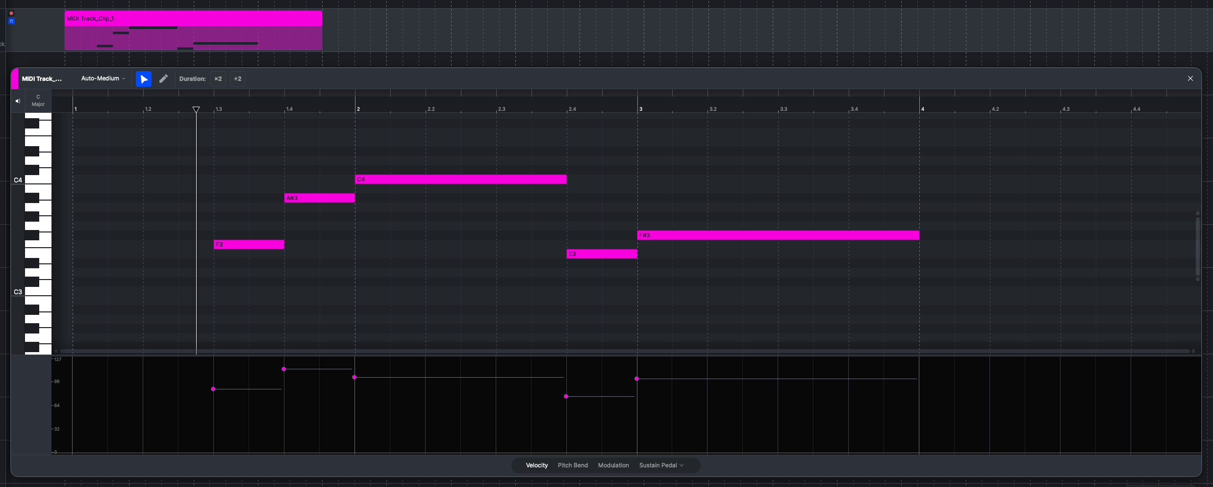 The Piano Roll of a plug-in instrument clip, with the MIDI controller lane below the notes and the lane selector showing Velocity, Pitch Bend, Modulation, and Sustain Pedal.