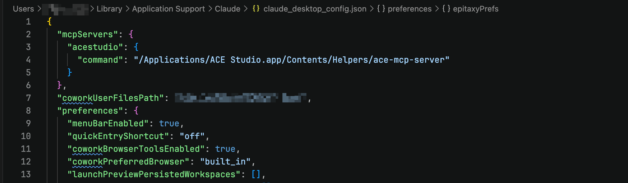claude_desktop_config.json configured with acestudio server